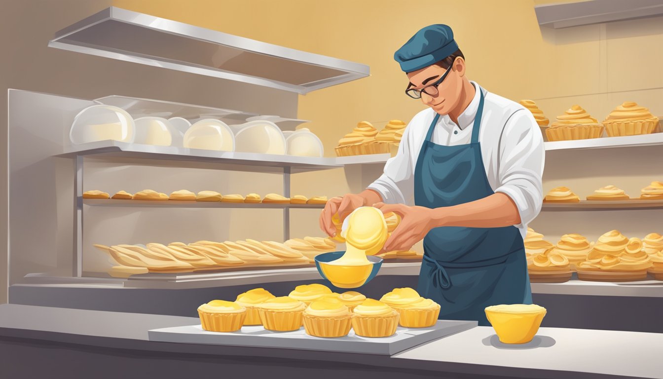 A baker carefully pours custard into pastry shells