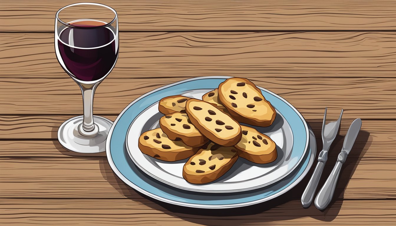 A plate of cantucci on a wooden table, accompanied by a glass of Vin Santo