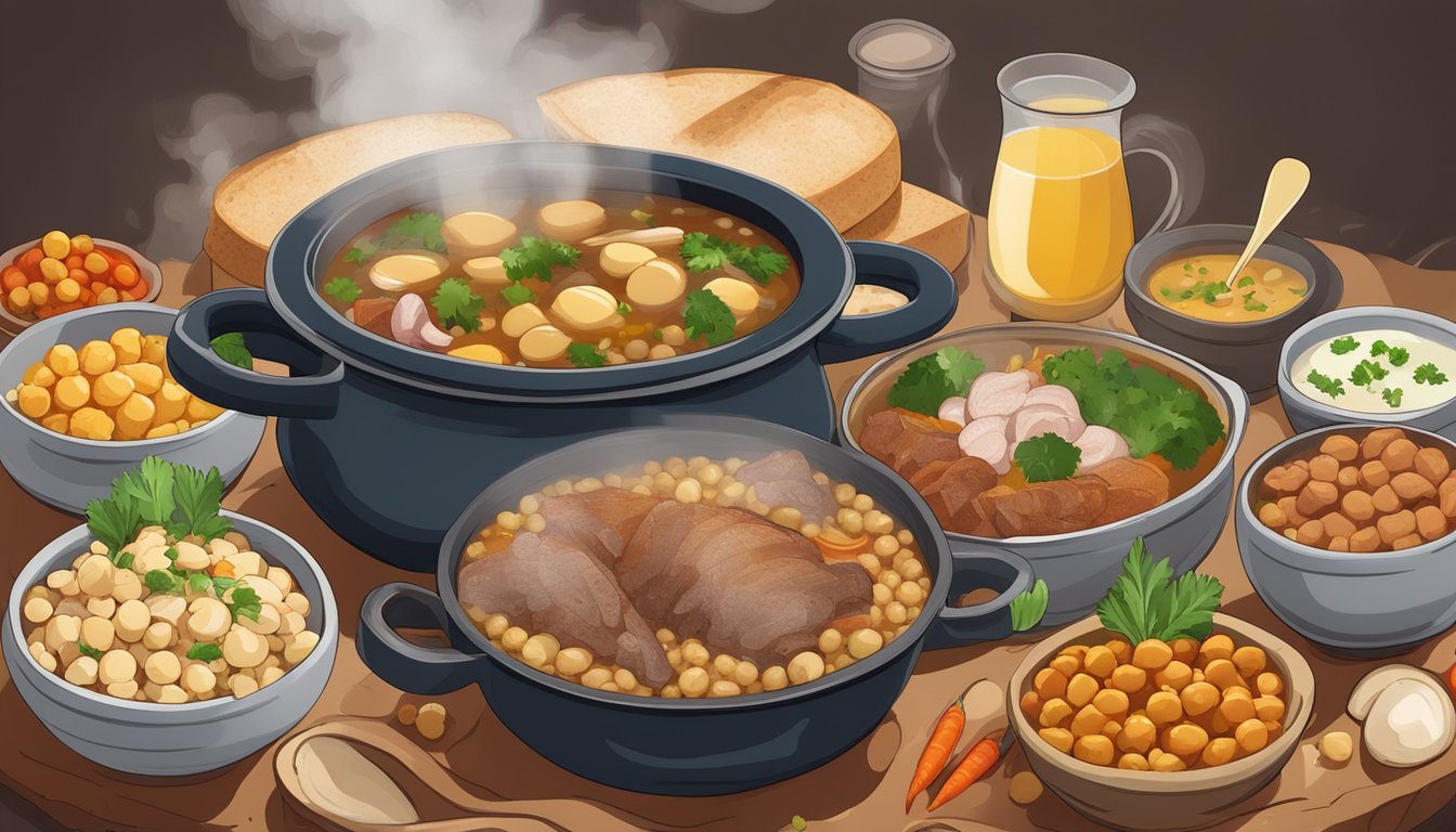 A steaming pot of cocido madrileño surrounded by assorted meats, chickpeas, and vegetables, with a side of crusty bread and a bowl of broth