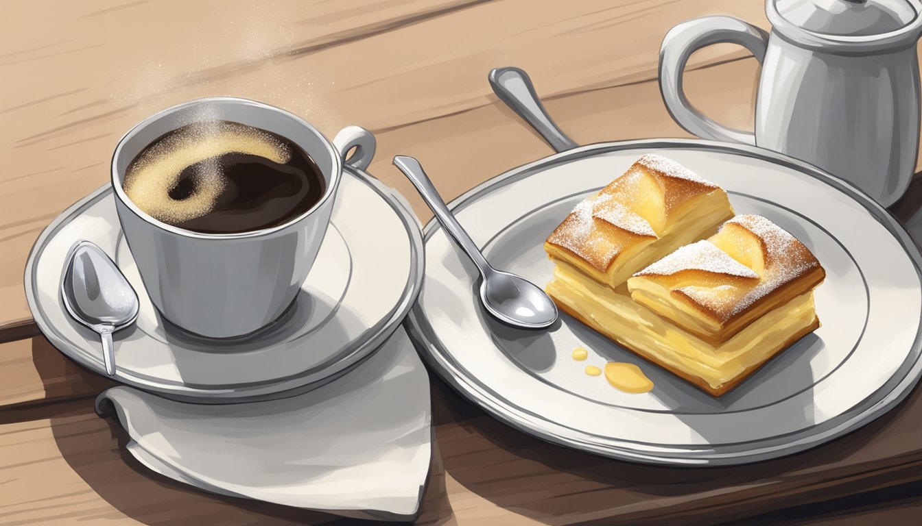 A plate of pasticciotti with a dusting of powdered sugar sits on a table next to a cup of espresso. The flaky pastry is filled with creamy custard and is being enjoyed with a small fork