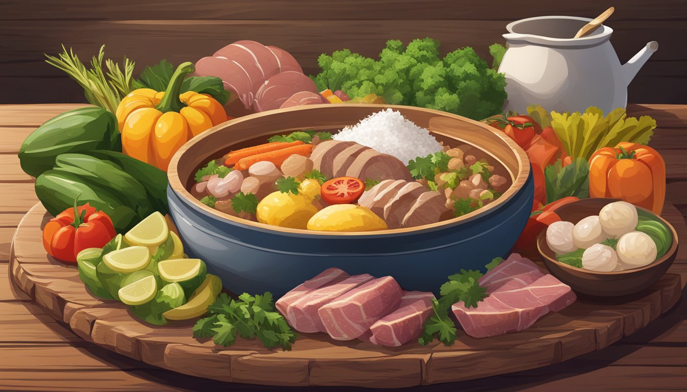 A steaming bowl of cocido madrileño sits on a rustic wooden table, surrounded by a variety of colorful vegetables and meats