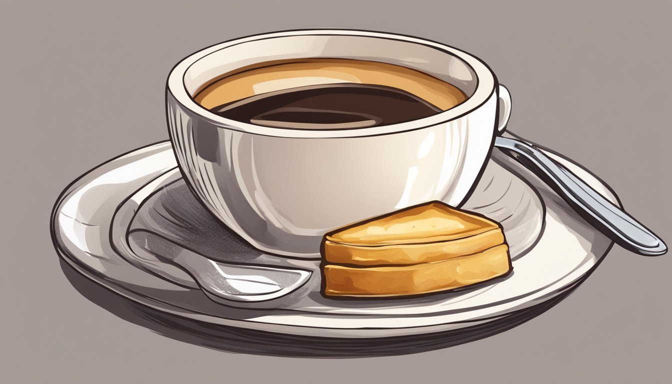 A plate of pasticciotti sits on a table, surrounded by a cup of espresso and a small spoon. The pastry is cut open, revealing the creamy filling inside