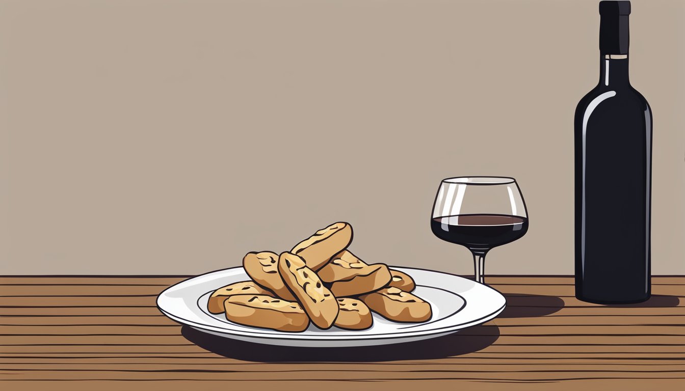 A plate of cantucci is paired with a glass of Vin Santo on a rustic wooden table