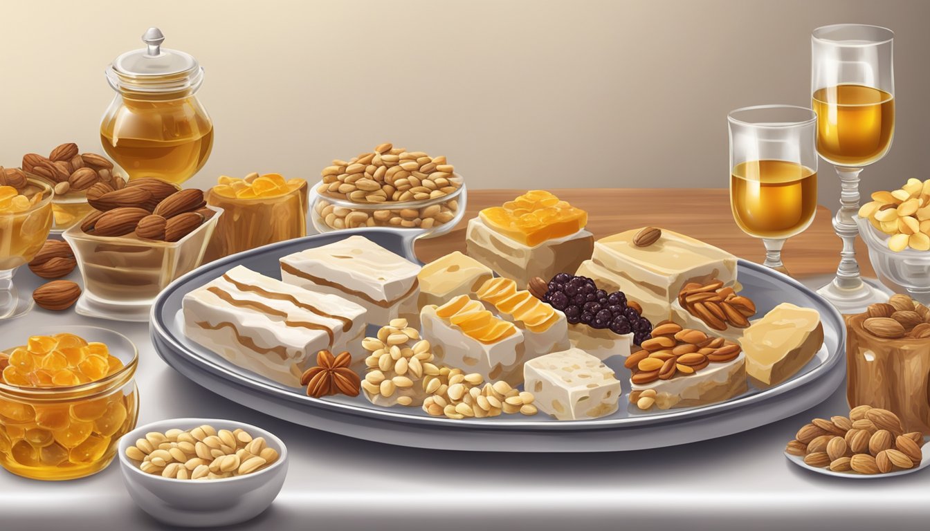 A festive table with a variety of torrone displayed on a decorative platter, surrounded by scattered nuts, honey, and dried fruits