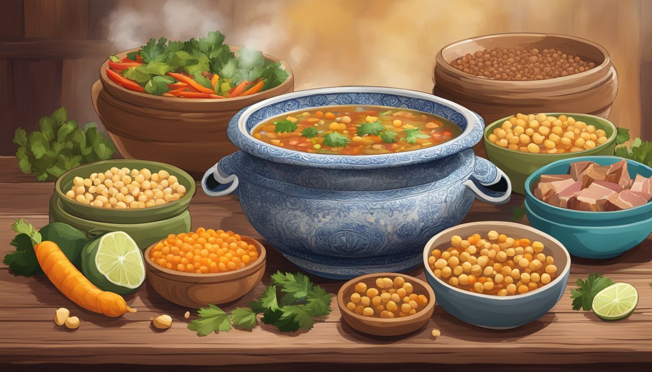 A steaming bowl of cocido madrileño sits on a rustic wooden table, surrounded by colorful ceramic dishes filled with chickpeas, vegetables, and various meats