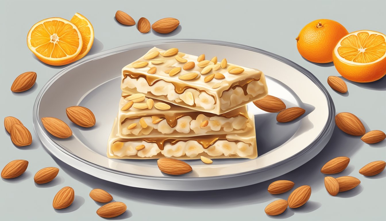 A plate of torrone surrounded by almonds, honey, and orange peel