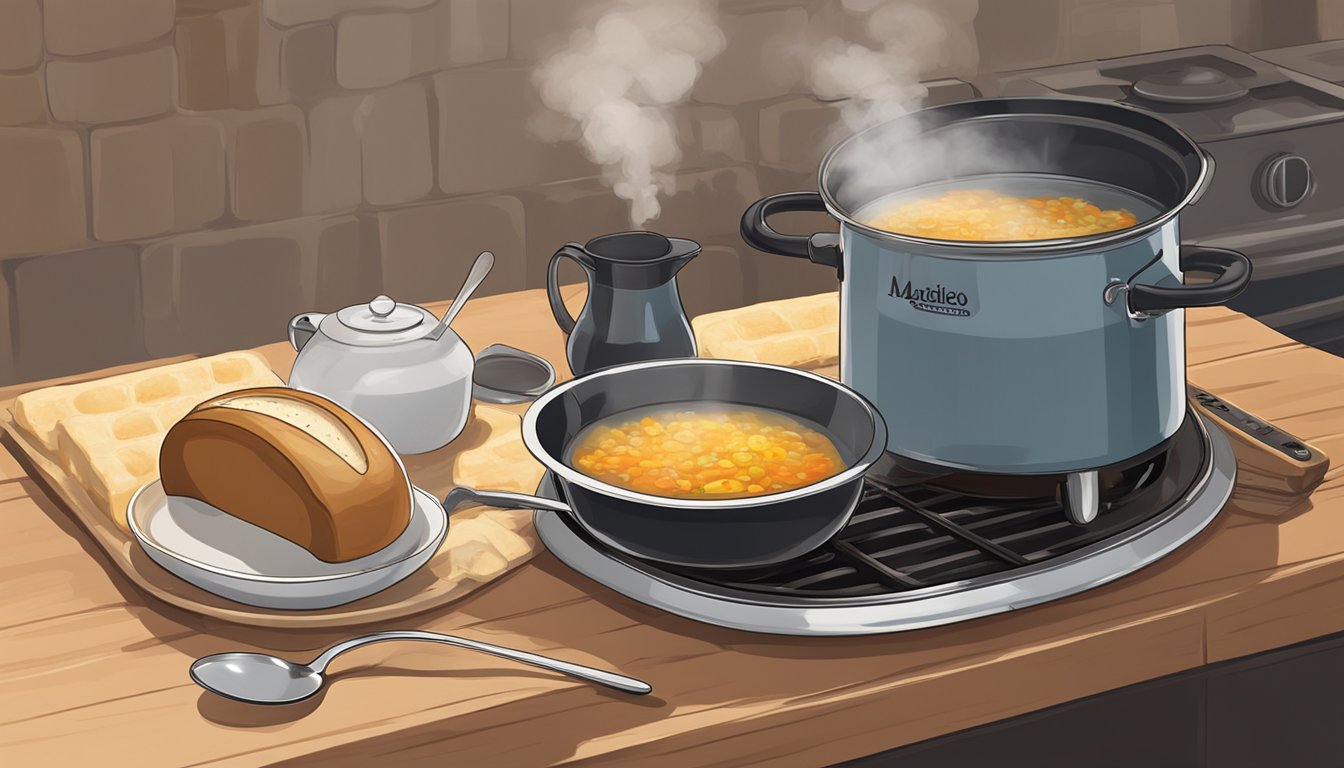 A pot of cocido madrileño sits on a stove, steam rising. A bowl with a spoon and a slice of bread sit on a table next to it