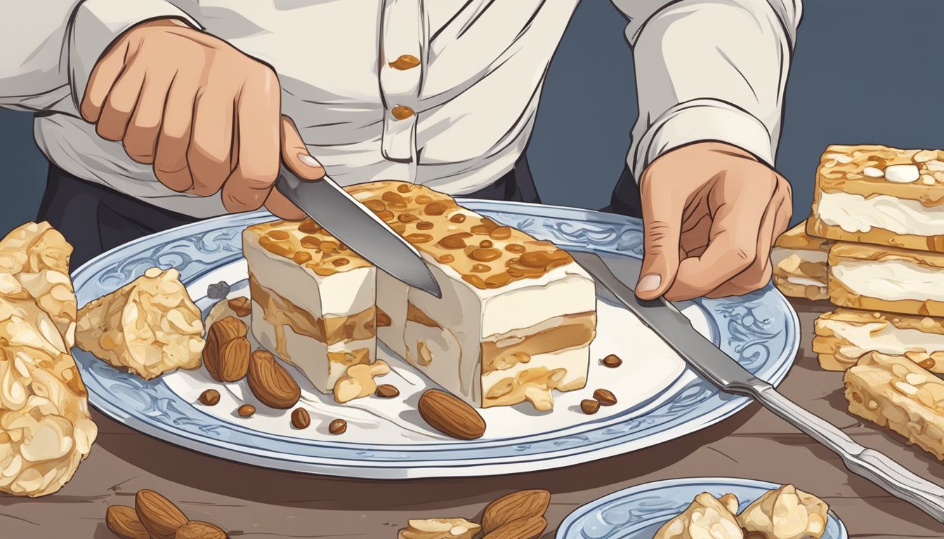 A person slicing and biting into a piece of torrone with a knife and fork on a decorative plate