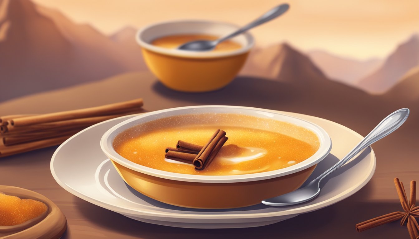 A small dish of crema catalana being served with a sprinkle of cinnamon on top, a spoon resting beside it. A warm, inviting atmosphere surrounds the dessert