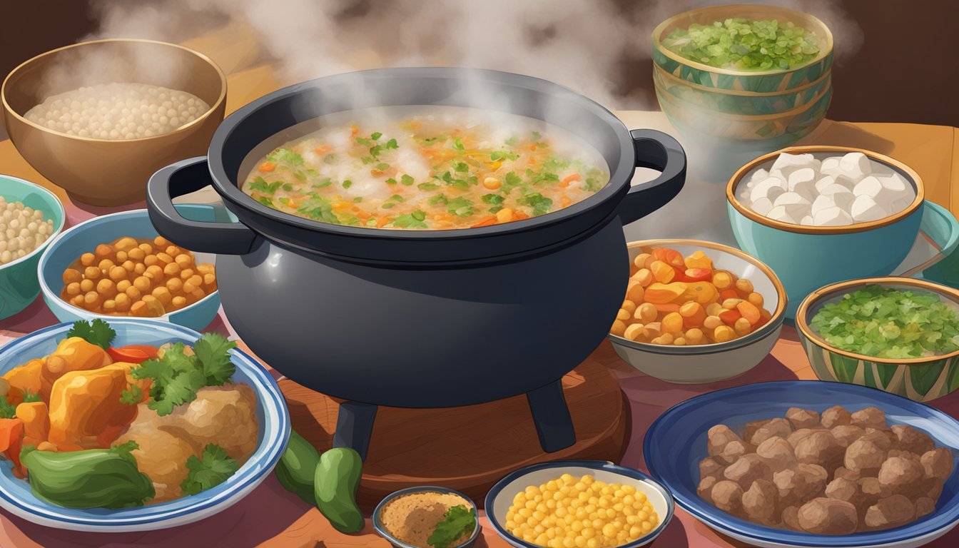 A steaming pot of cocido madrileño sits on a table, surrounded by colorful ceramic bowls and plates. Steam rises from the hearty stew, filled with chunks of meat, chickpeas, and vegetables