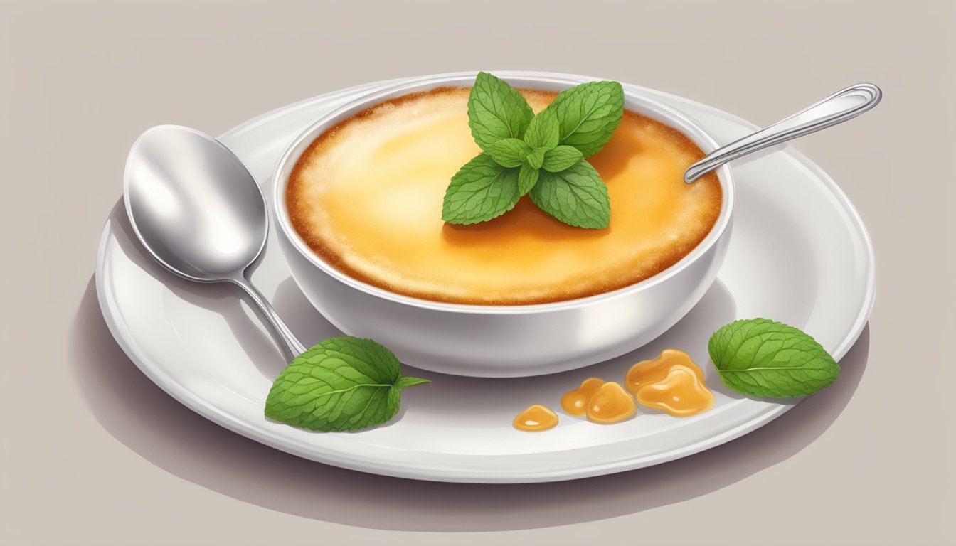 A crema catalana being served on a white ceramic plate with a caramelized sugar topping, accompanied by a small spoon and a sprig of fresh mint