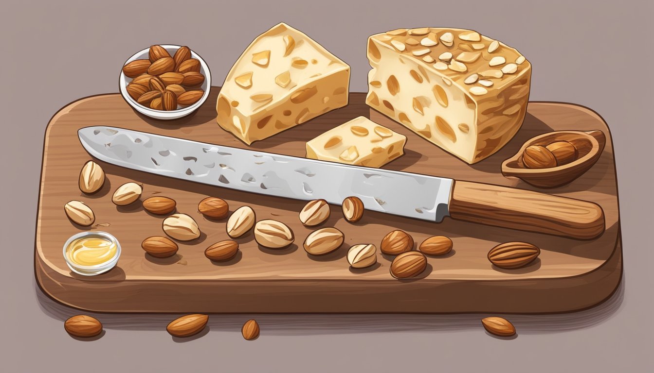 A person slicing a piece of torrone with a knife on a wooden cutting board, with various nuts and honey spread out on the table