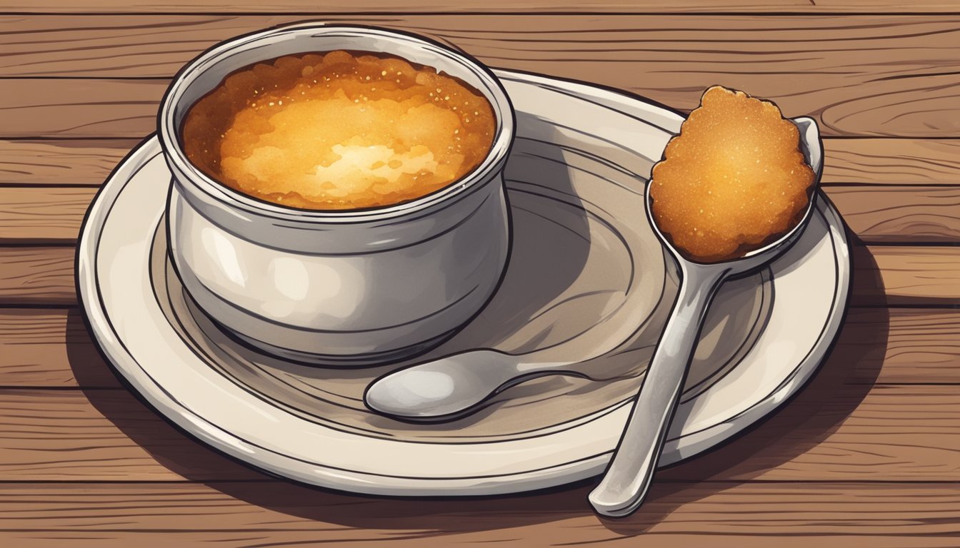 A small ceramic ramekin filled with crema catalana sits on a rustic wooden table, accompanied by a spoon and a caramelized sugar crust on top