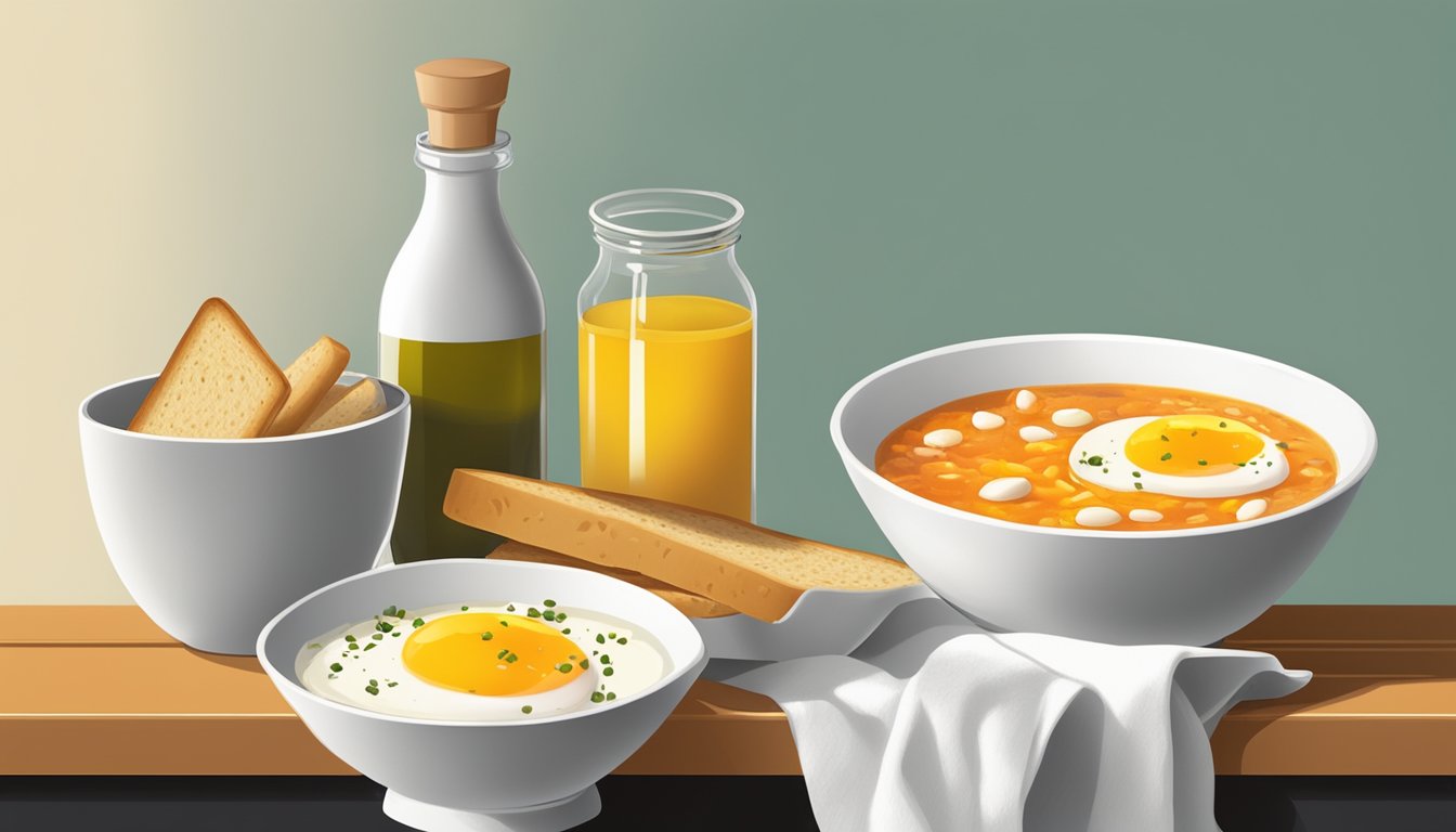 A bowl of salmorejo with a drizzle of olive oil and chopped hard-boiled egg on top, accompanied by a side of crusty bread