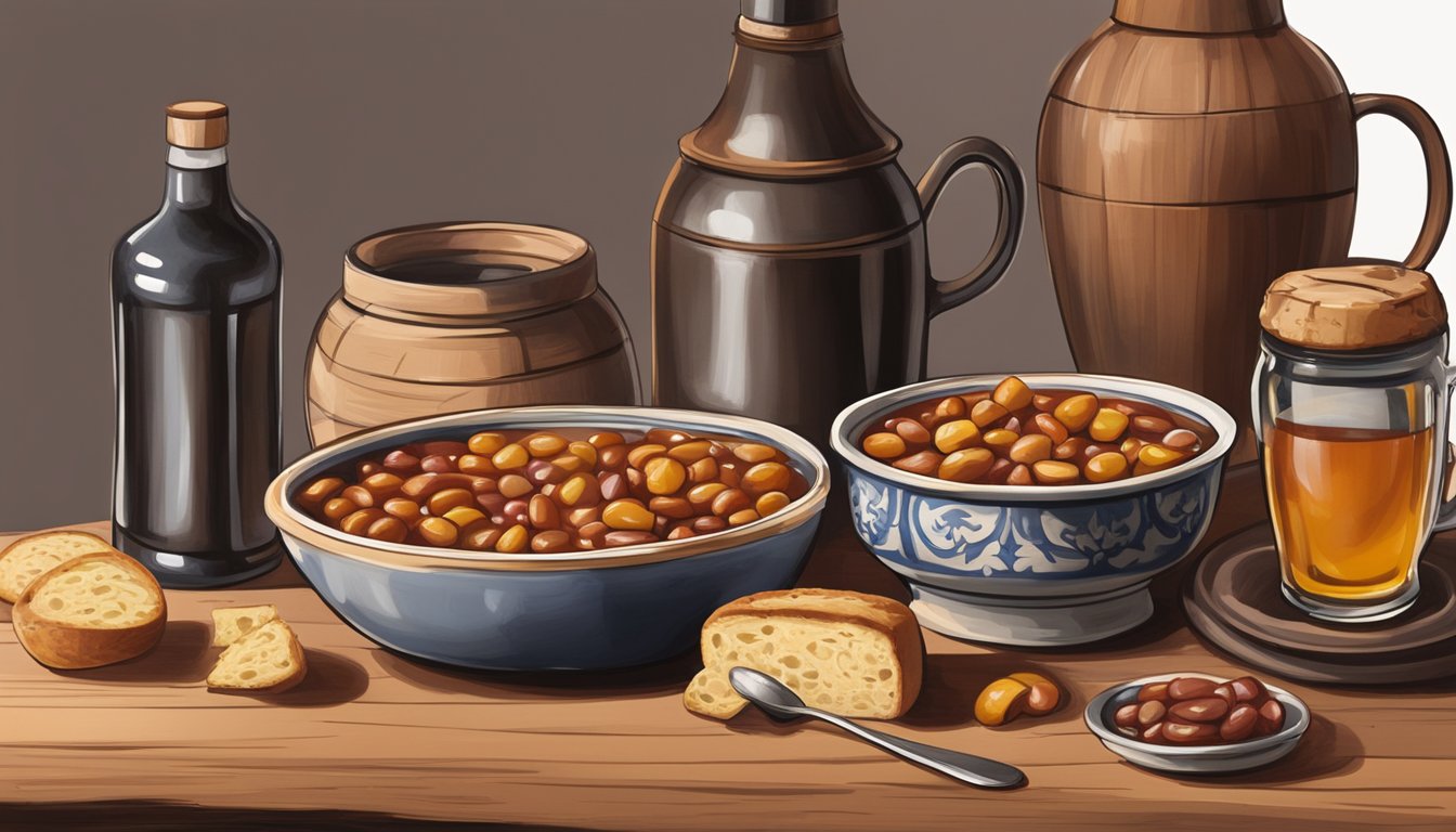 A bowl of fabada asturiana sits on a rustic wooden table, surrounded by traditional Asturian pottery and a bottle of cider