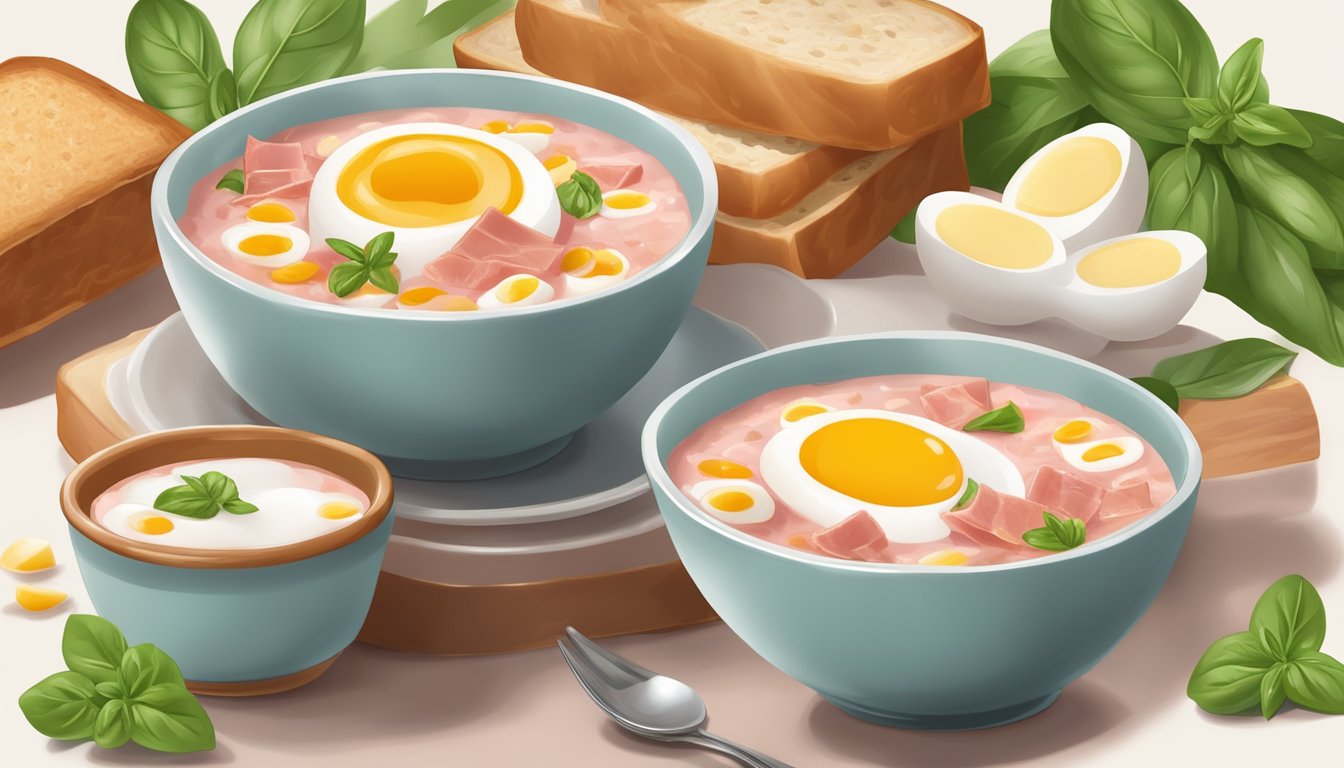 A bowl of salmorejo topped with diced hard-boiled eggs, chopped ham, and a drizzle of olive oil, surrounded by fresh basil leaves and bread slices