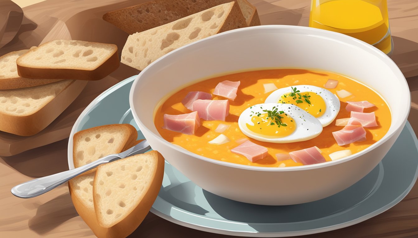 A bowl of salmorejo with a drizzle of olive oil, topped with diced hard-boiled egg and ham, served with a side of crusty bread