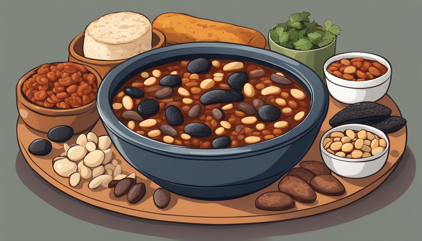 A steaming bowl of fabada asturiana surrounded by a variety of ingredients such as chorizo, morcilla, and white beans