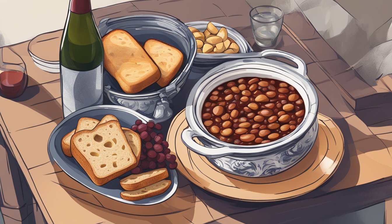 A table set with a steaming bowl of fabada asturiana, accompanied by a glass of red wine and a crusty loaf of bread