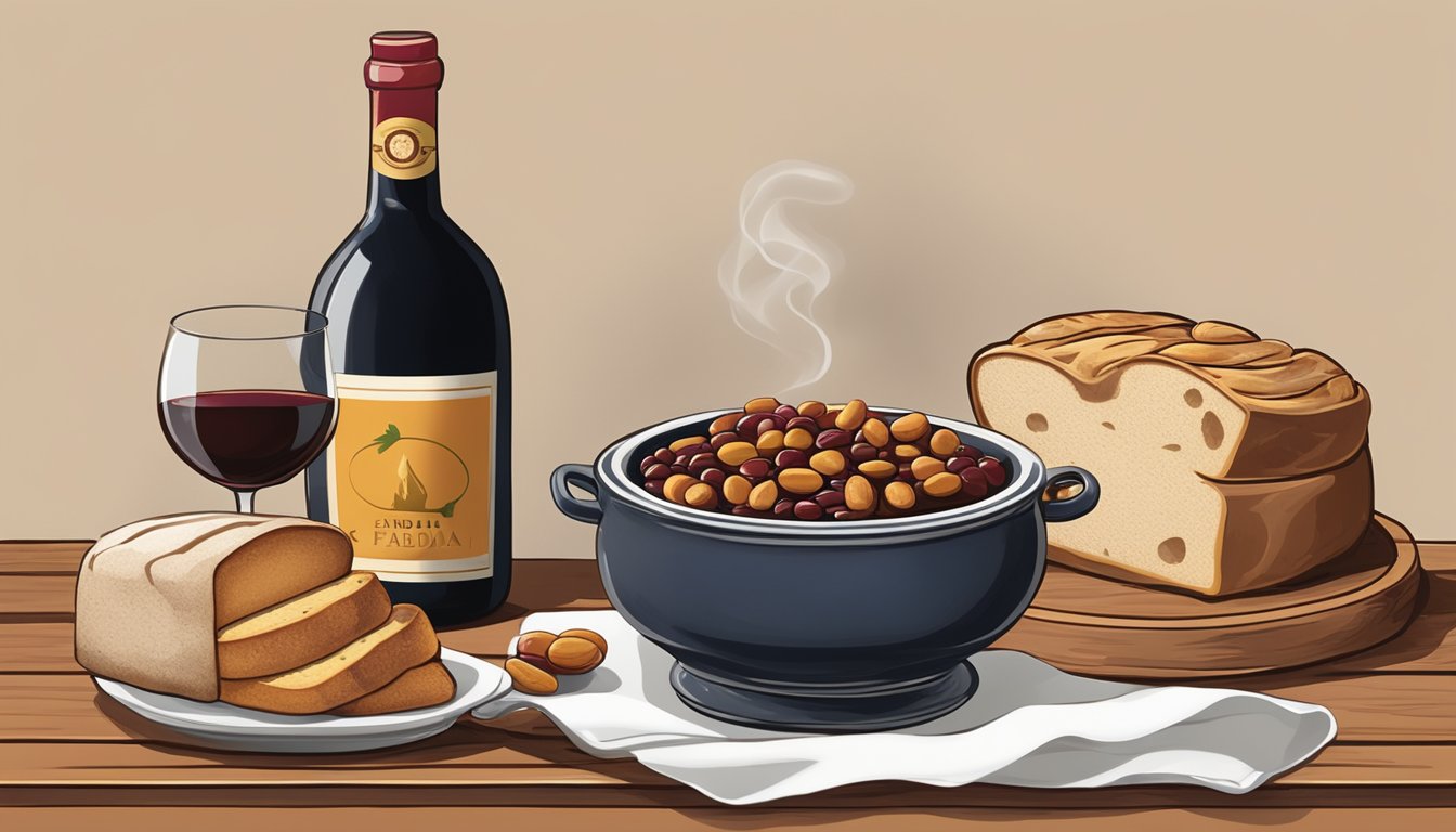 A table set with a steaming bowl of fabada asturiana, surrounded by a rustic bread loaf, a bottle of wine, and traditional Spanish pottery