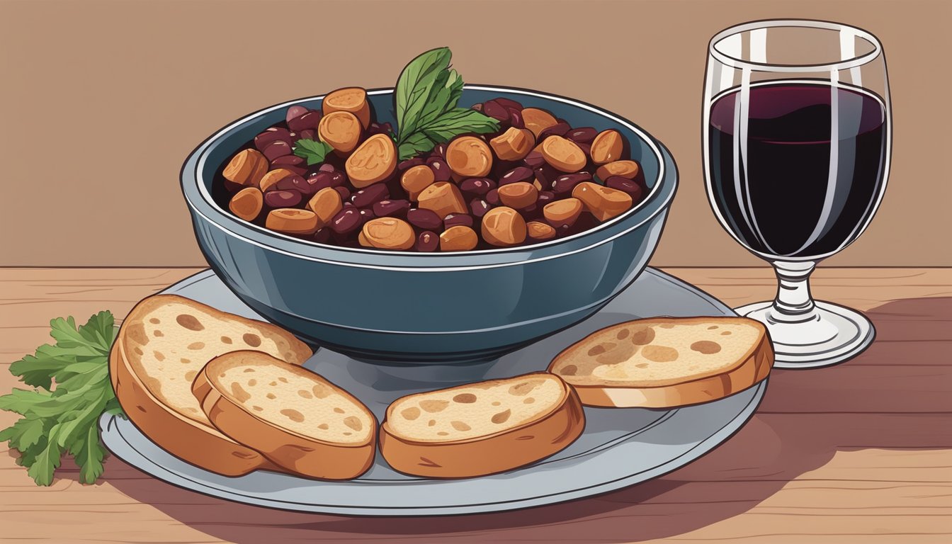 A bowl of fabada asturiana surrounded by a spread of crusty bread, a glass of red wine, and a side of fresh greens