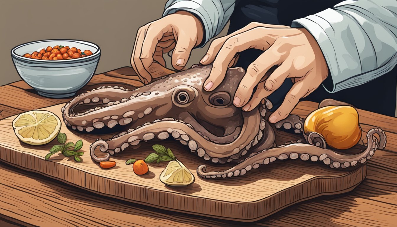 A hand reaching for a boiled octopus, potatoes, and paprika on a wooden cutting board