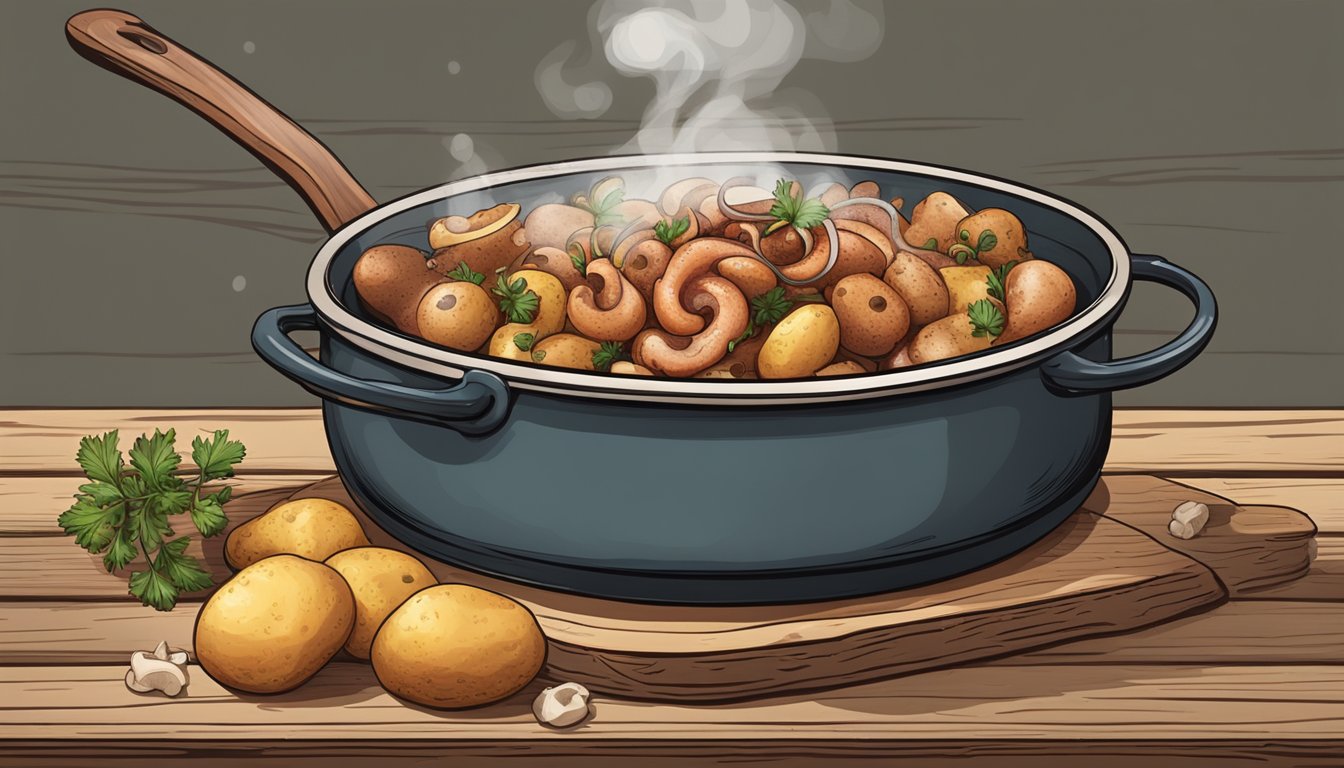 A steaming pot of octopus, potatoes, and paprika on a rustic wooden table