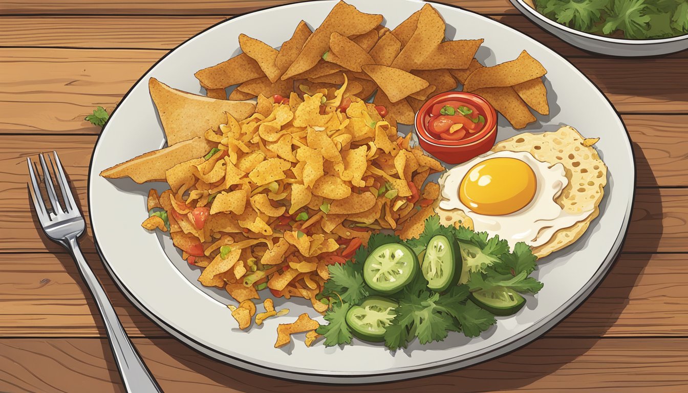 A plate of migas sits on a wooden table with a fork beside it. The dish is made up of crispy tortilla strips, scrambled eggs, and assorted toppings