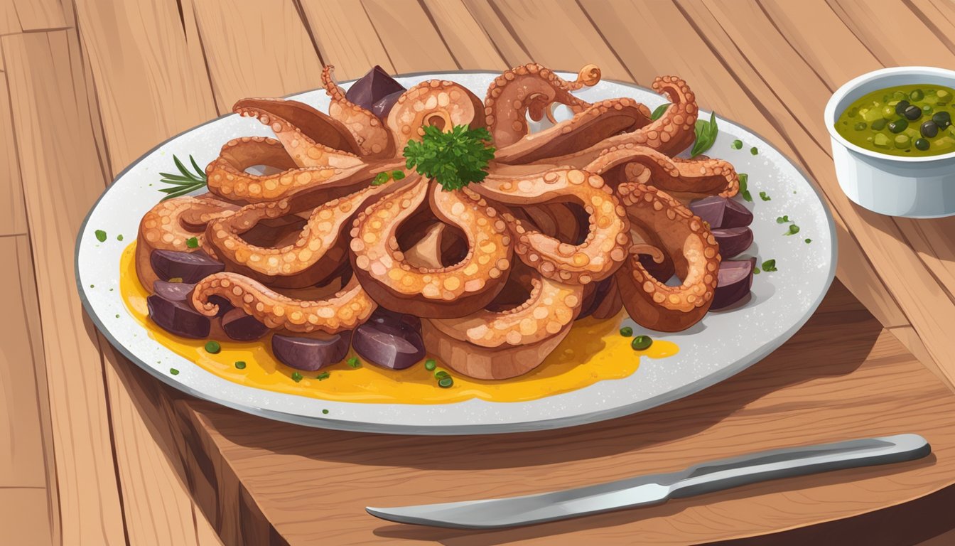 A plate of pulpo a la gallega, with octopus slices, drizzled with olive oil, sprinkled with paprika, and served on a wooden board