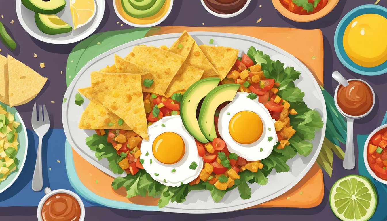 A plate of migas topped with salsa and avocado, surrounded by a colorful array of ingredients such as eggs, tortilla chips, and vegetables