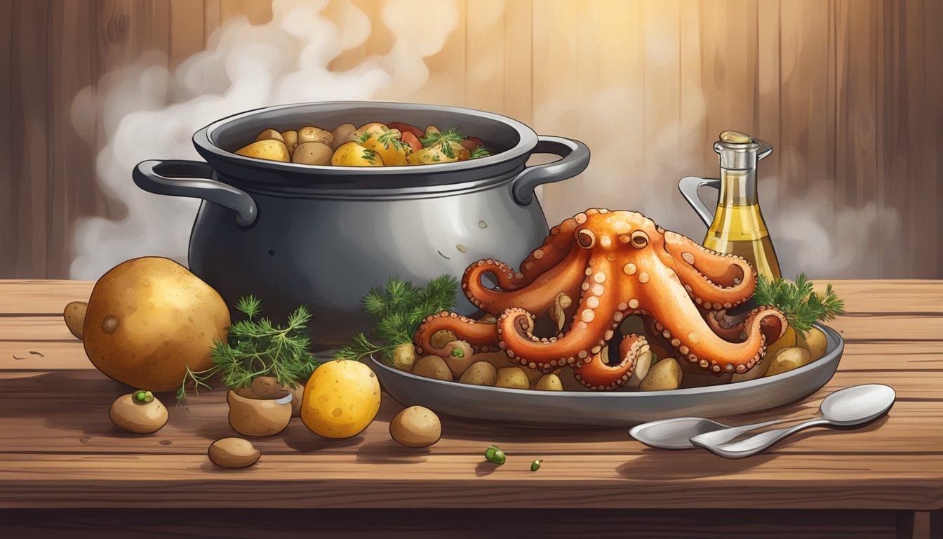 A steaming pot of octopus and potatoes sits on a rustic wooden table, surrounded by scattered paprika and olive oil