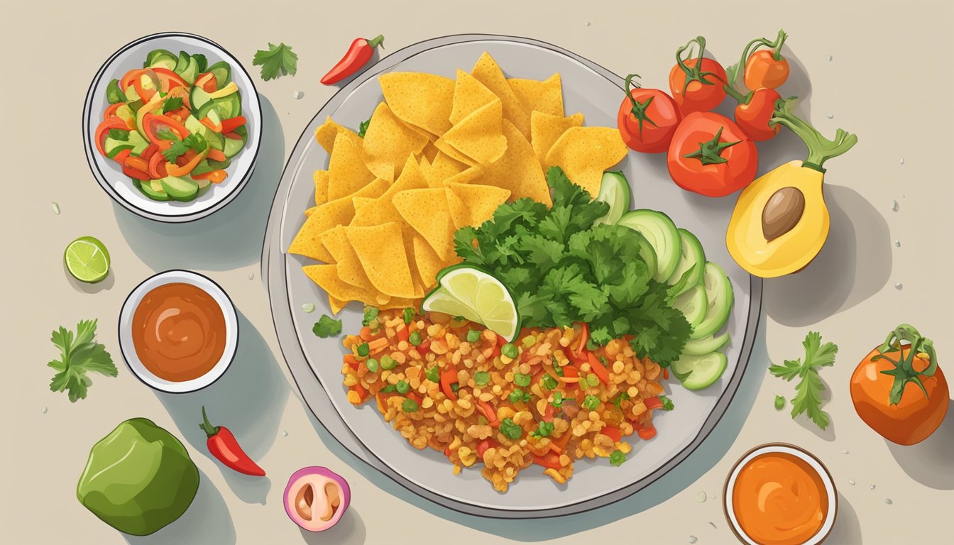 A plate of migas surrounded by colorful vegetables and a side of salsa