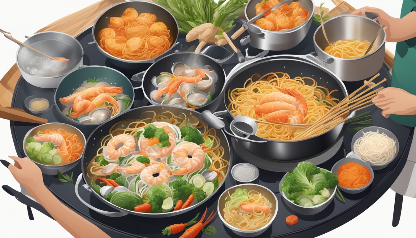 A chef pours thin noodles into a sizzling pan of seafood and vegetables, surrounded by bowls of fresh ingredients and utensils