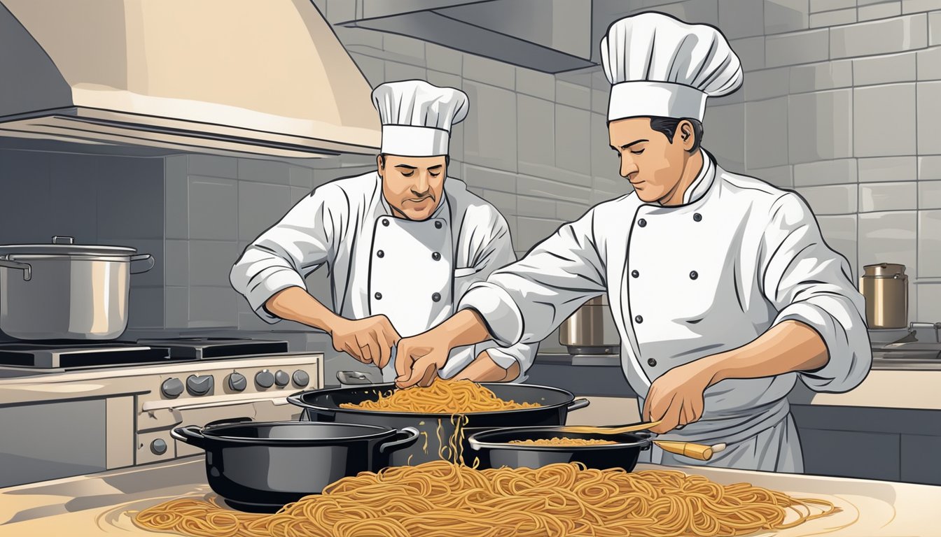 A chef stirs a pan of fideuà over a hot stove, adding in seafood and spices as the savory aroma fills the kitchen