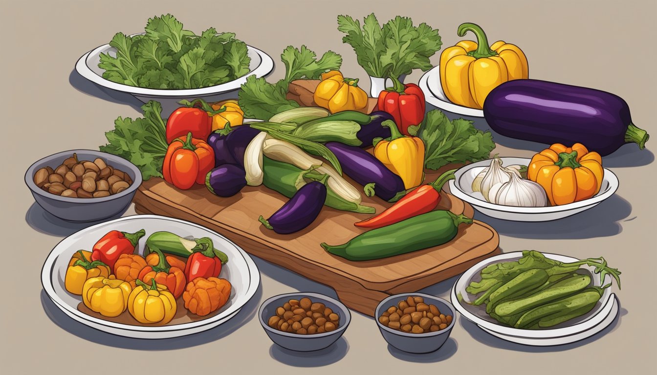 A table set with a colorful array of roasted vegetables, including eggplant, peppers, and onions, arranged in a visually appealing manner