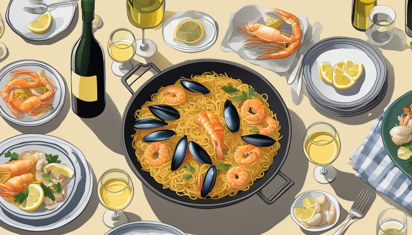 A table set with a large paella pan filled with golden-brown fideuà, surrounded by dishes of fresh seafood, lemon wedges, and a bottle of crisp white wine