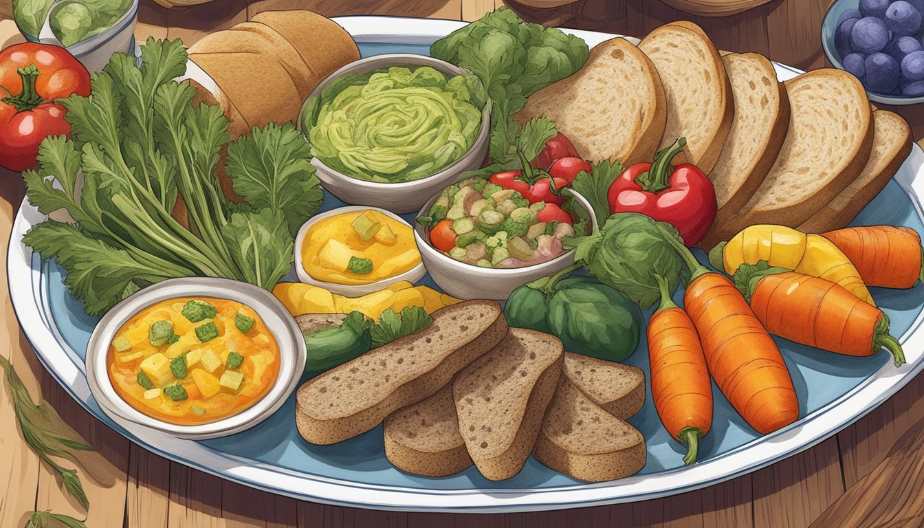 A plate of escalivada surrounded by a variety of colorful vegetables and a side of crusty bread