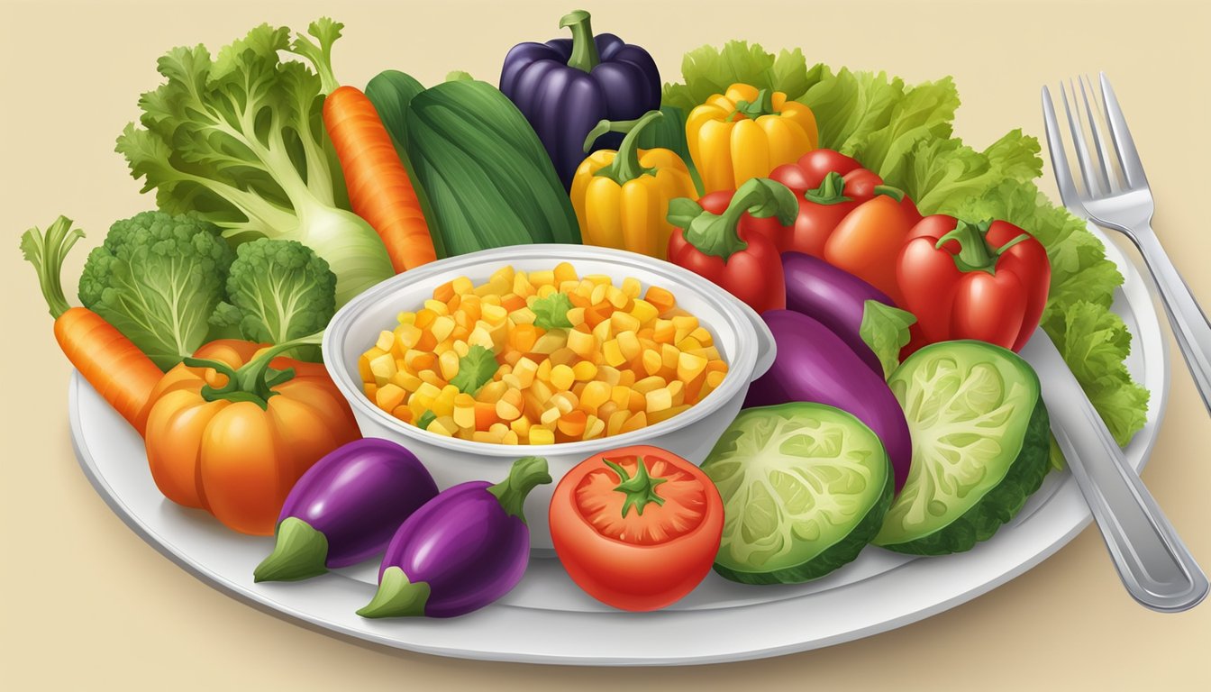 A plate of escalivada surrounded by colorful vegetables and a fork