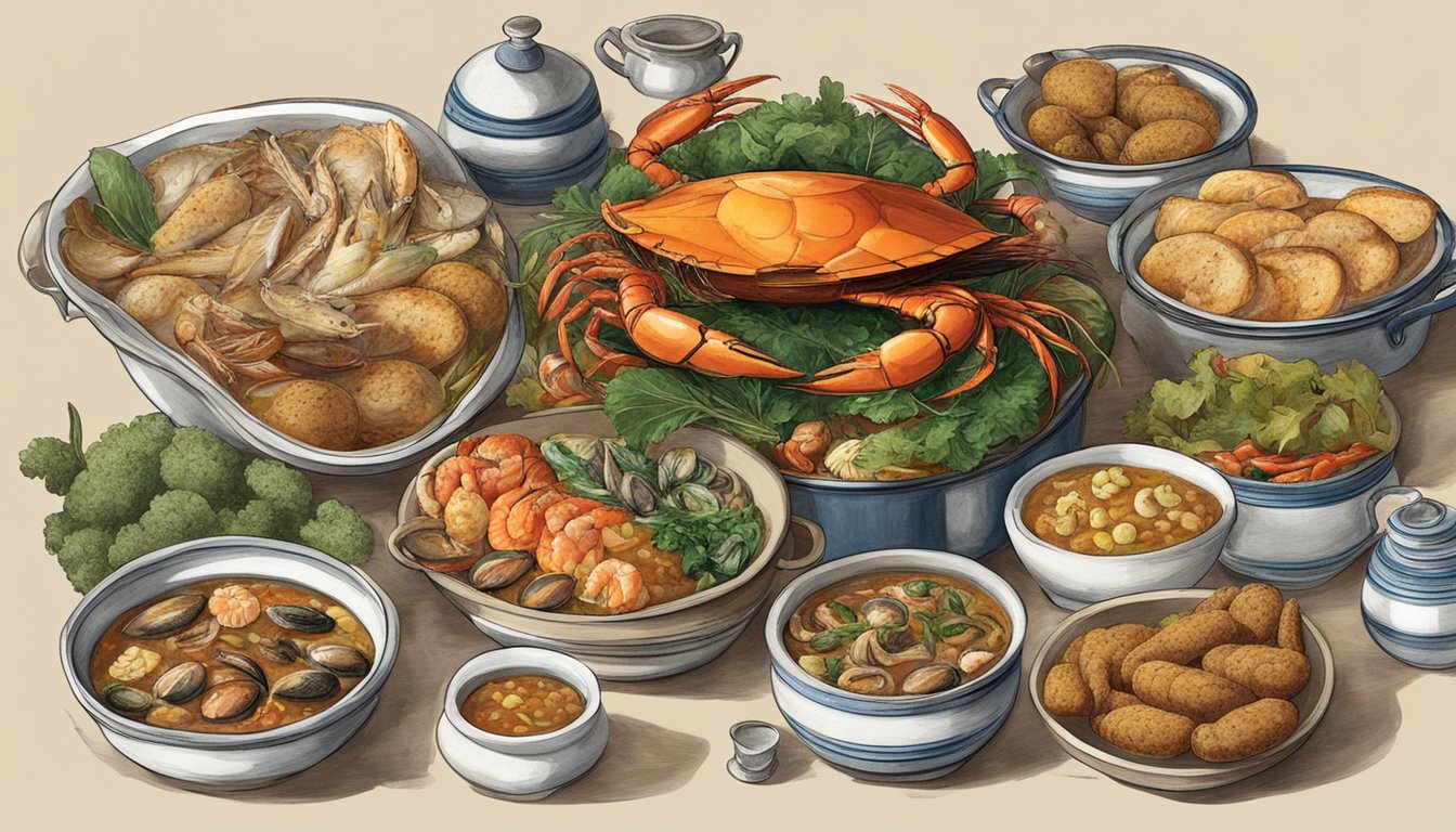 A table set with a large, steaming pot of zarzuela surrounded by bowls of seafood, vegetables, and crusty bread