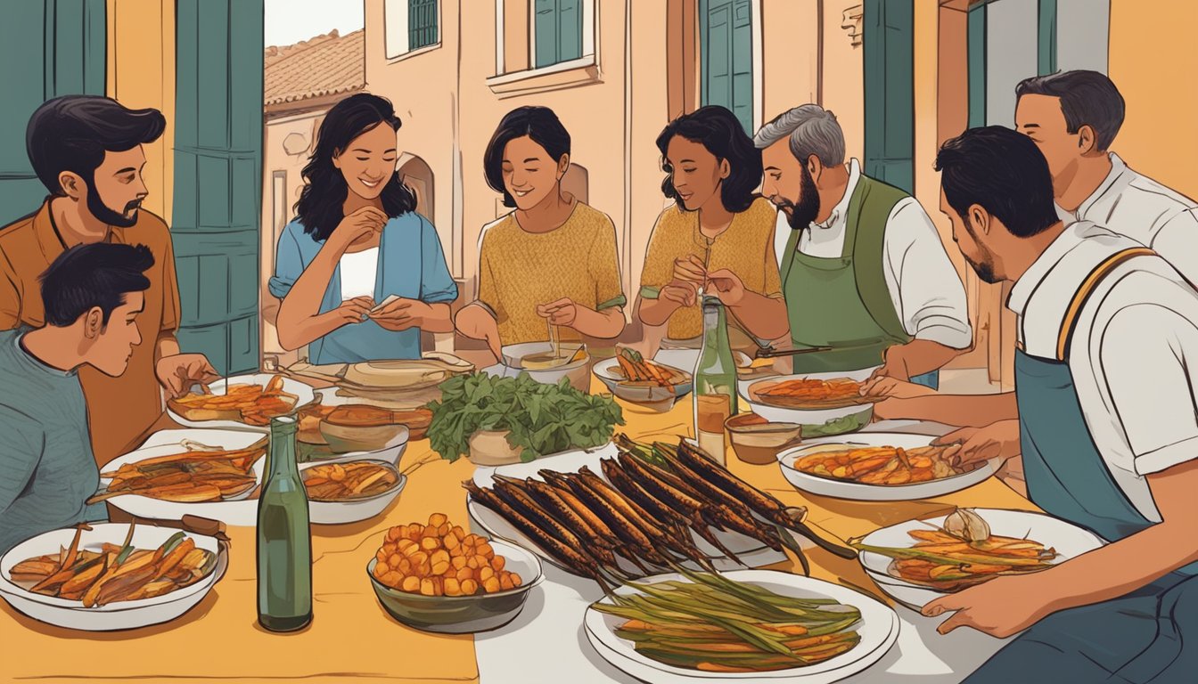 A table set with grilled calçots, a traditional Catalan sauce, and a group of people gathered around, eagerly preparing to eat the calçots