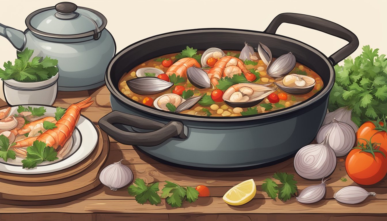 A steaming pot of zarzuela surrounded by fresh seafood, tomatoes, onions, and garlic. A rustic wooden spoon rests on the edge of the pot