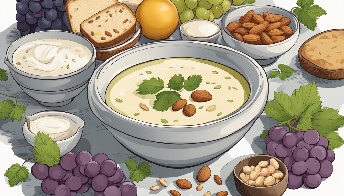 A bowl of ajo blanco soup surrounded by a variety of ingredients such as grapes, almonds, and bread, ready to be mixed and eaten