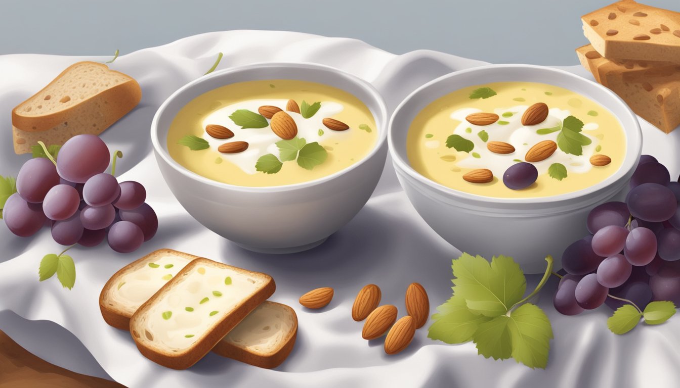 A bowl of ajo blanco soup surrounded by a scattering of grapes, almonds, and bread