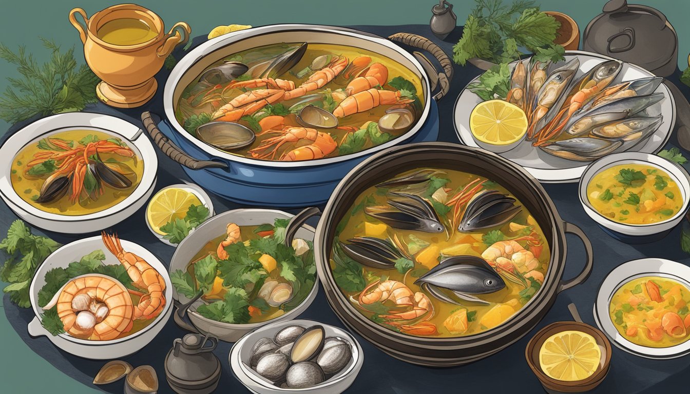 A table set with a steaming pot of zarzuela surrounded by a variety of seafood, vegetables, and a bowl of saffron-infused broth