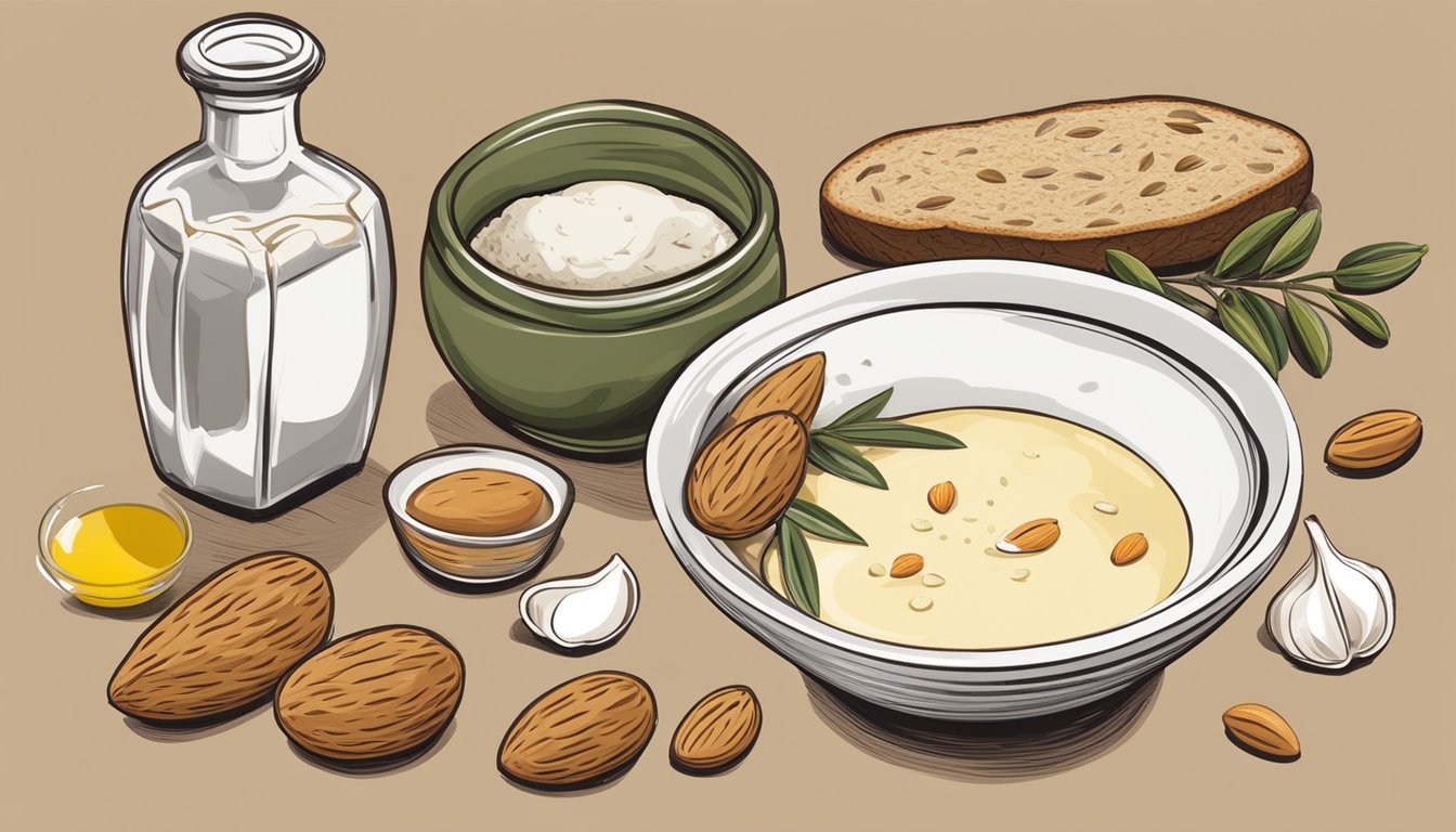 A bowl of ajo blanco surrounded by ingredients like almonds, garlic, bread, and olive oil, with a mortar and pestle nearby for preparation