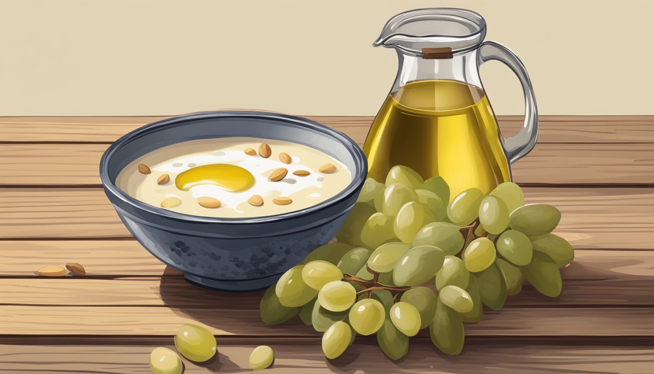 A bowl of ajo blanco sits on a rustic wooden table, surrounded by fresh grapes, almonds, and a drizzle of olive oil