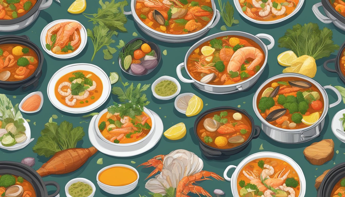 A steaming pot of zarzuela surrounded by a variety of seafood, simmering in a rich tomato and saffron-infused broth, with colorful vegetables and herbs scattered around