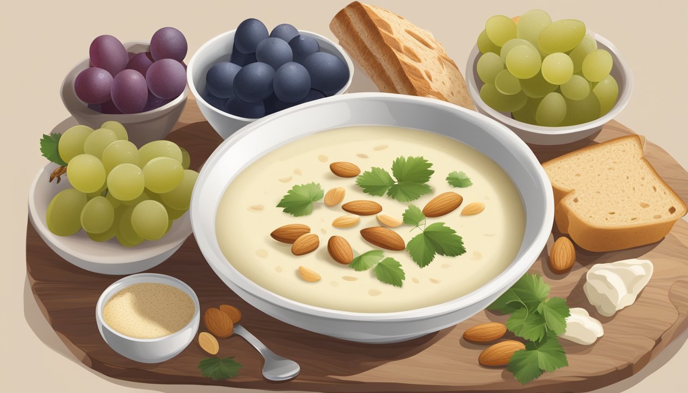 A bowl of ajo blanco soup surrounded by a variety of fresh ingredients such as grapes, almonds, and bread for dipping