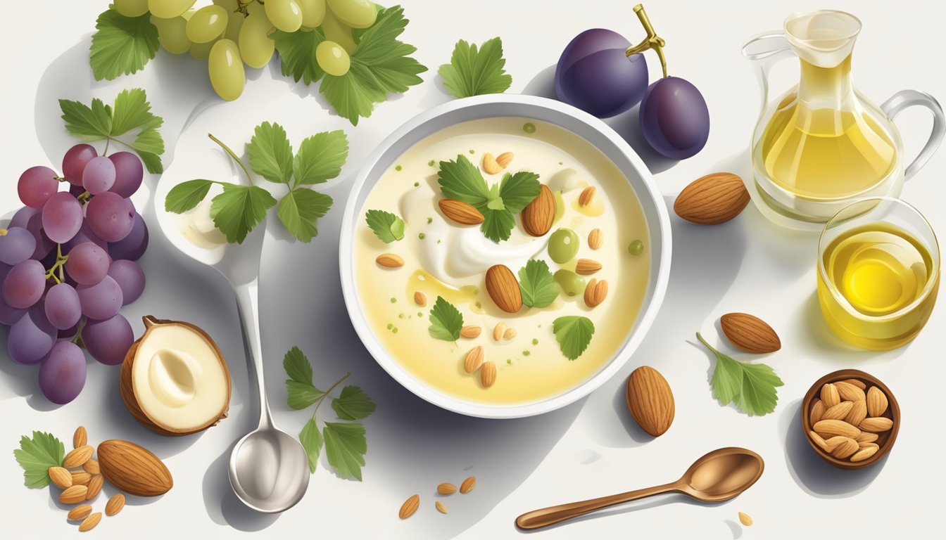 A bowl of ajo blanco soup surrounded by a variety of garnishes such as grapes, almonds, and olive oil, with a spoon resting on the side