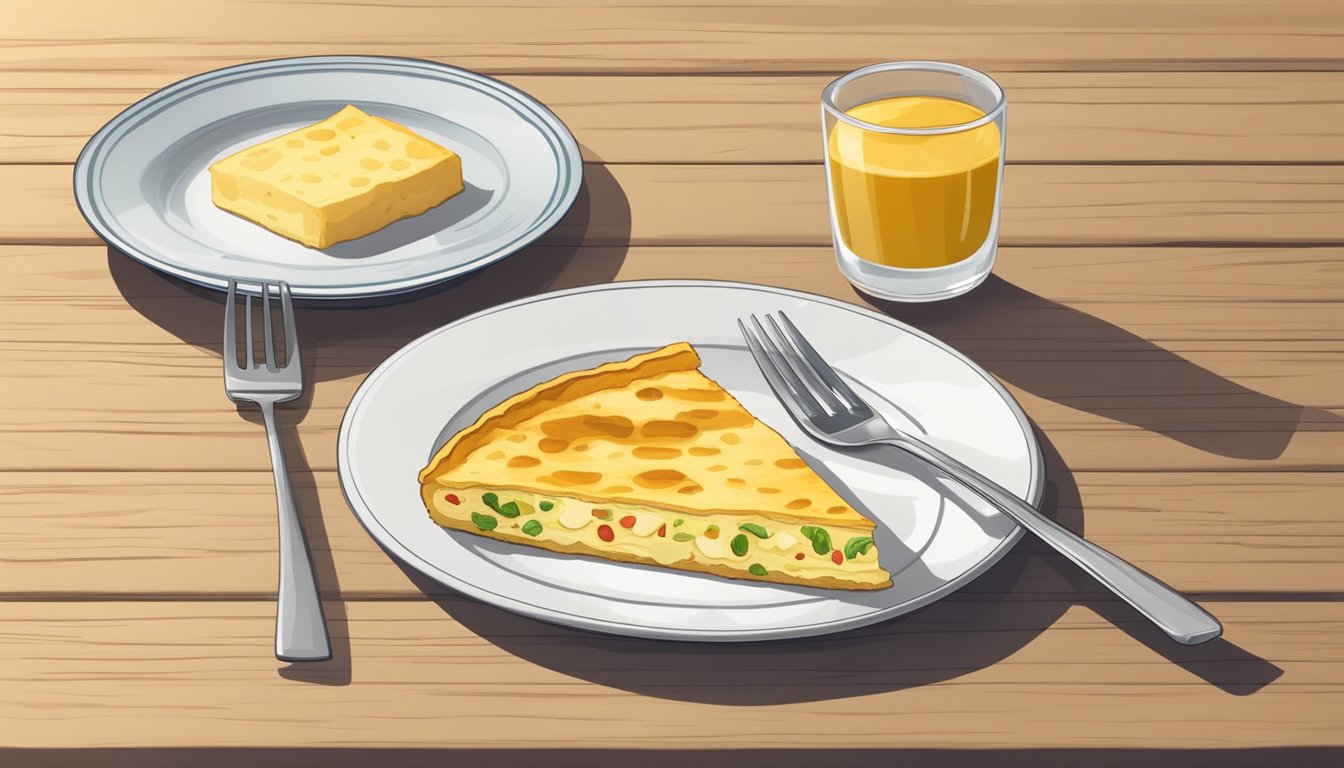 A plate with a slice of tortilla española on a wooden table, accompanied by a fork and a napkin